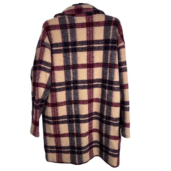 Blank NYC Jacket WMNS M Cream Wool Blend Oversized Burgundy Plaid Trench Teddy - Picture 11 of 12